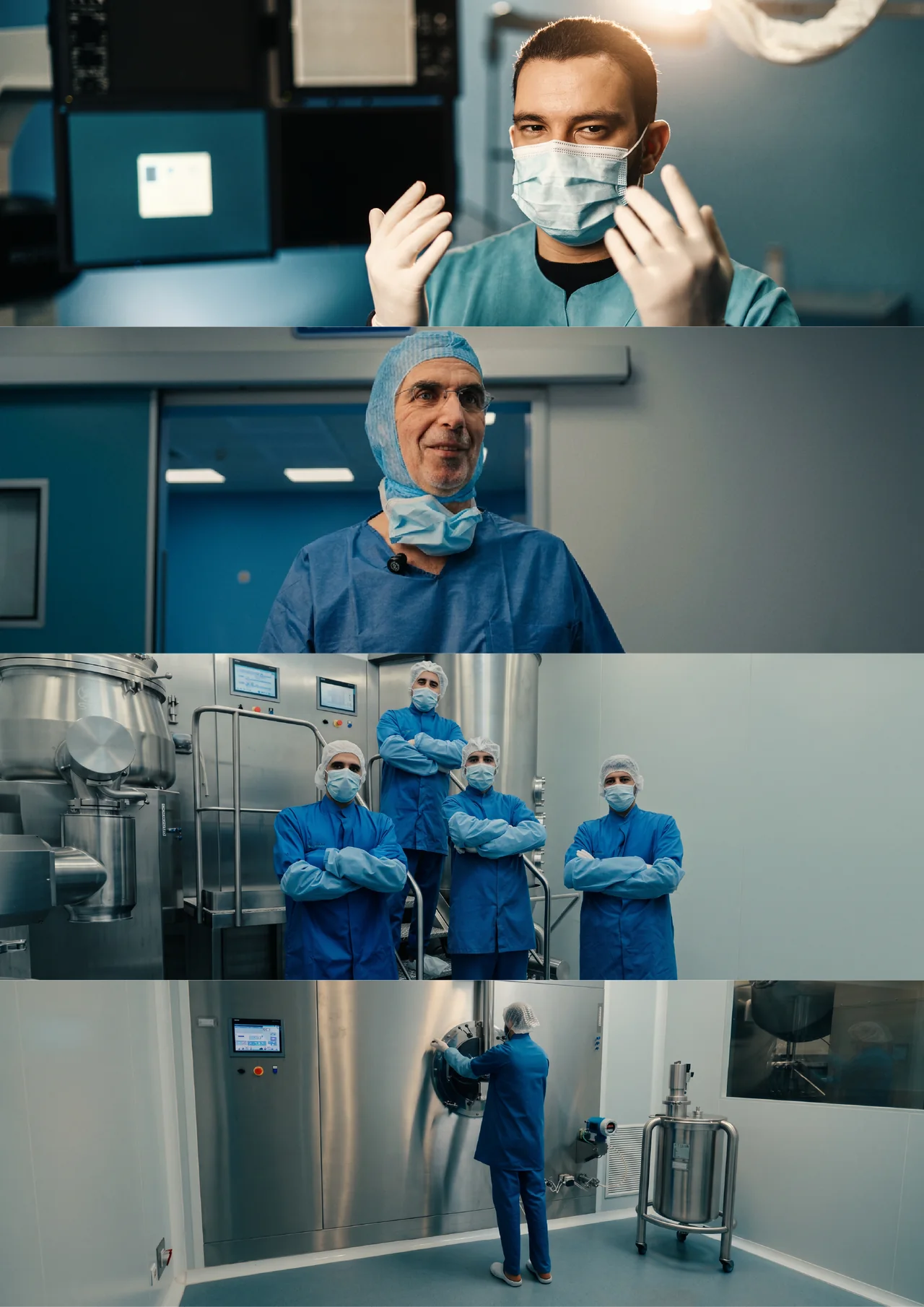 Four frames from the campaign film — clean room, production floor and the team