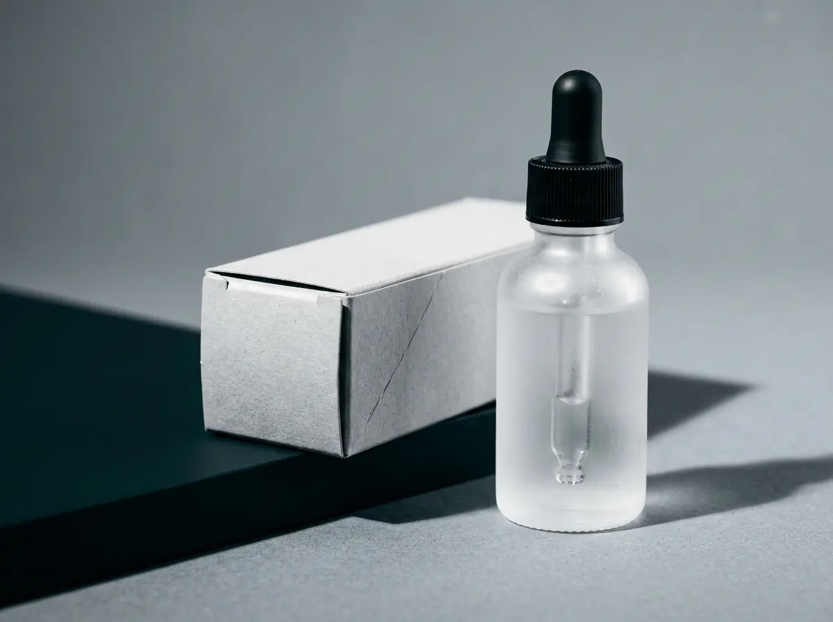 Close-up of a frosted laboratory-grade dropper bottle and carton