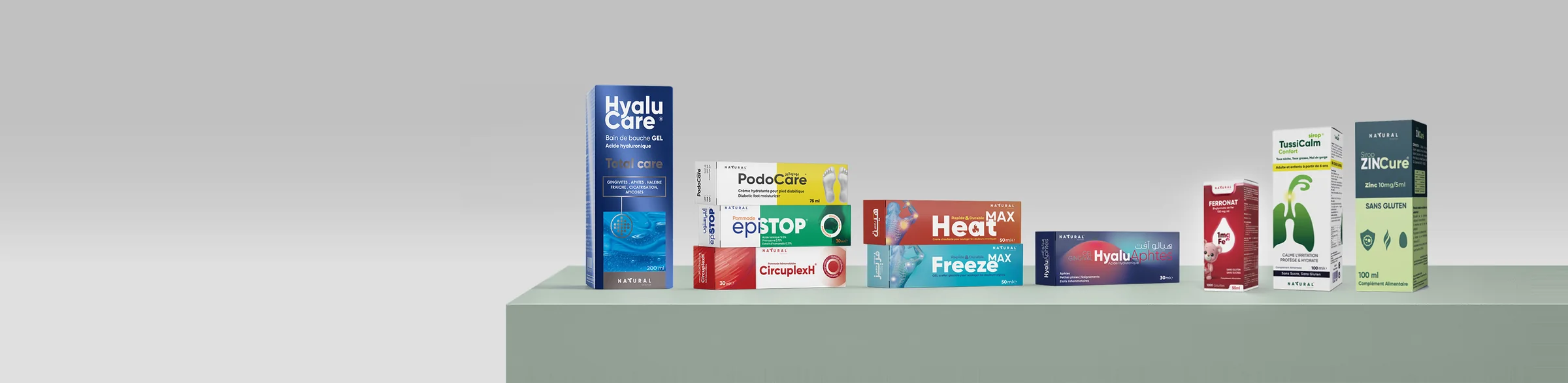 The Natural Solutions range on a green plinth, from HyaluCare to ZINCure